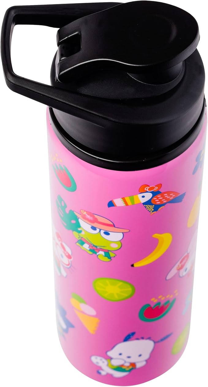 Silver Buffalo Sanrio Hello Kitty and Friends Tropical Stainless Steel Water Bottle Featuring Keroppi, Tuxedo Sam, Badtz-Maru, and Pochacco, 25 Ounces