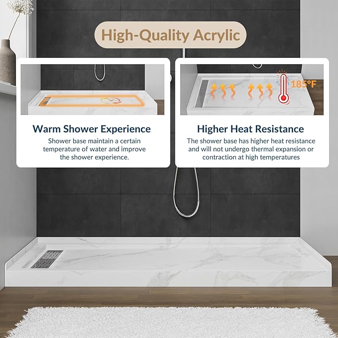 MORVANO 60 x 32 Shower Base with Single Threshold Rectangular Left Drain Location Shower Base,Shower Pan With Stainess Steel Cover,Marble White Acrylic Shower Base