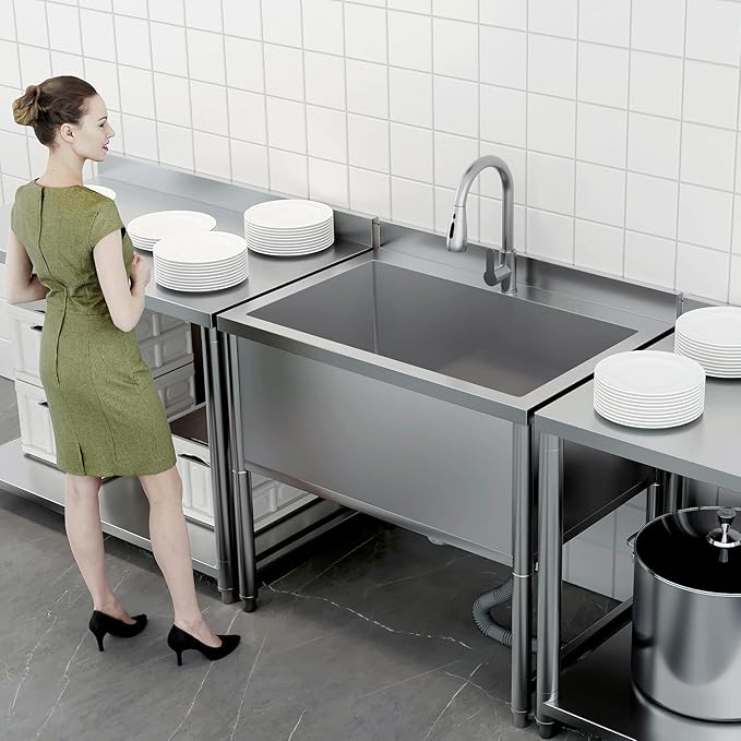 Stainless Steel Commercial Restaurant Sink, Freestanding Large Commercial Sink with Pull-out Faucet for Kitchen Dishwashing, Thawing, Pet Cleaning, Laundry Room, 35 Gallon, 23.6"D x 33.5"W x 36.8"H