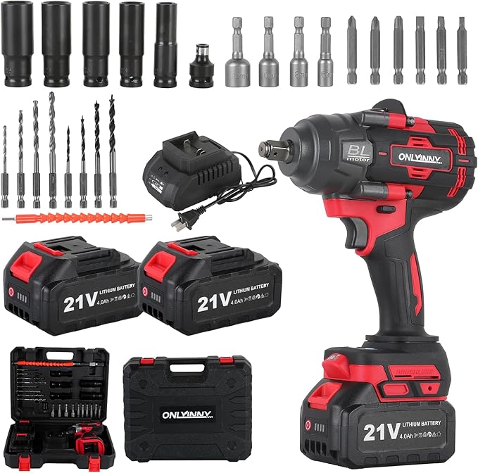 1350N.m(996Ft-lbs) Cordless Impact Wrench 1/2, 3300RPM High Torque Impact Gun, with 4-Mode Speed, 2 Battery & Charger, 5 Sockets 8 Drill 6 Screws, Electric Impact Wrench for Car/Truck/RV/Mower