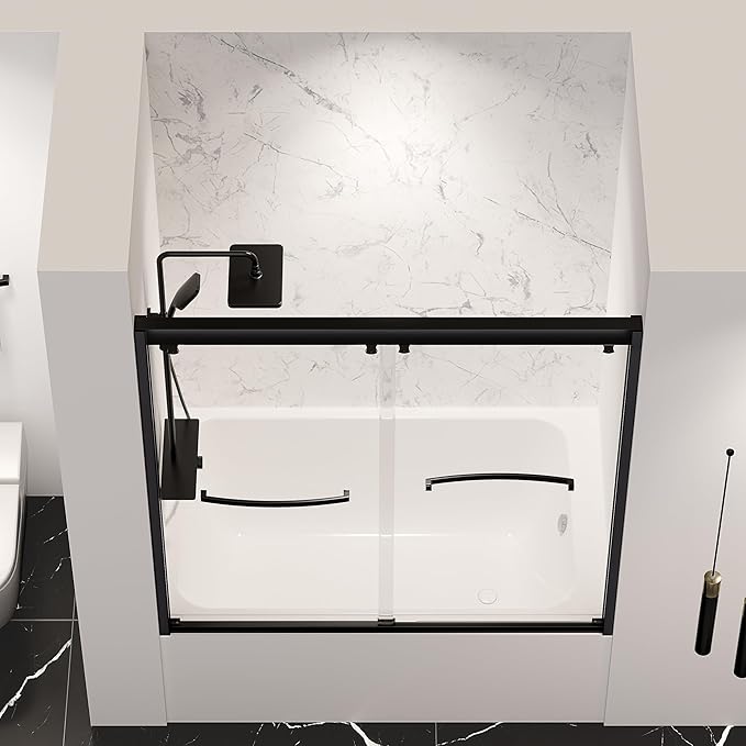 55"-59" Bathtub Double Sliding Doors,Semi-Frameless Water Repellent Tub Door, Bypass Bathtub Shower Door with 5/16"(8mm) SGCC Clear Tempered Glass, Explosion-Proof Film, Stainless Steel Hardware