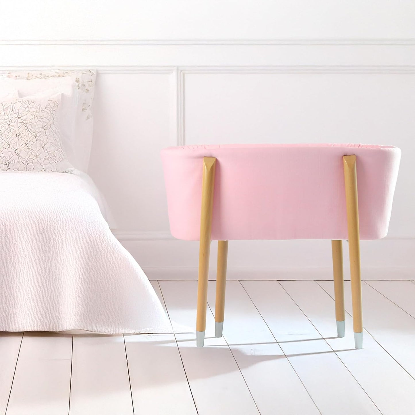 Sova Portable Baby Bassinet, Mid-Century Design with Extra Deep Walls for Newborns and Babies Safety, Includes 2 Fitted Sheets and Padded Mattress (Precious Pink)