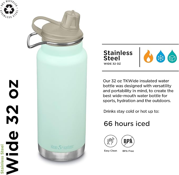 Klean Kanteen TKWide Insulated Water Bottle with Chug Cap - Stainless Steel Water Bottle - 32 Oz, Blue Tint - Back to School Hydration