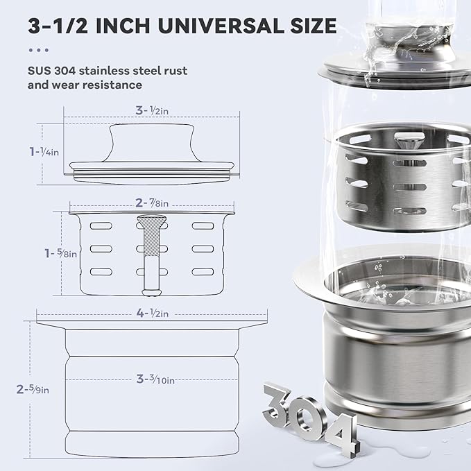 KONE Extended Garbage Disposal Flange with Strainer and Stopper, Deep 304 Stainless Steel Kitchen Extended Sink Flange for 3-1/2 Inch Standard Sink Drain, Convenient for Water Storage and Drainage