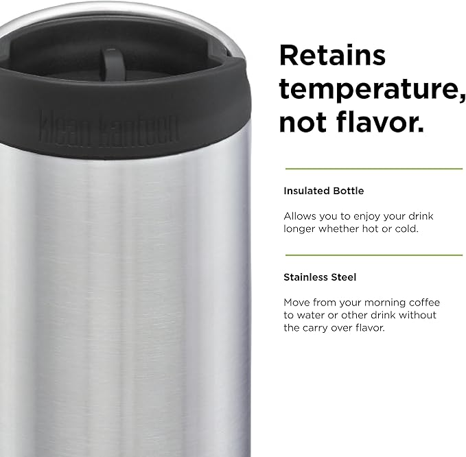 Klean Kanteen TKWide Insulated Coffee Tumbler with Café Cap - Stainless Steel Coffee Tumbler - 16 Oz, Brushed Stainless