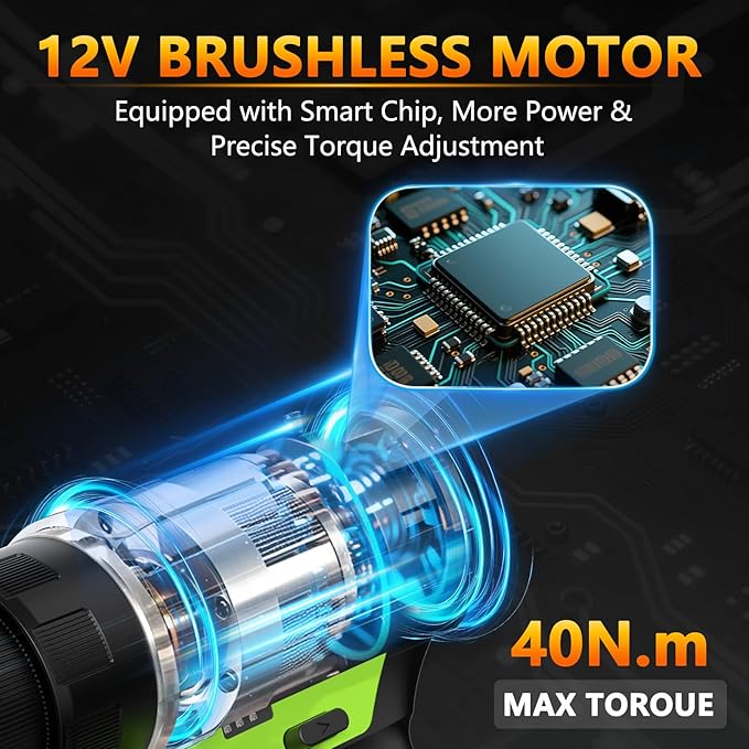 12V Brushless Power Drill, Cordless Drill with LCD Smart Display, 29+1 Torque Setting, 3/8 Inch Keyless Metal Chuck, 2.0Ah Battery, Fast Charger and 18Pcs Bits Included(Green)