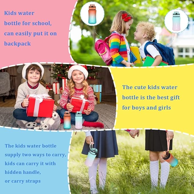 GOPPUS Kids Water Bottle with Straw Spout Lid 10pcs Stickers 12 oz Leak-proof BPA Free Motivational Time Marker Tritan Plastic Water Bottles for Girls Boys School Sports