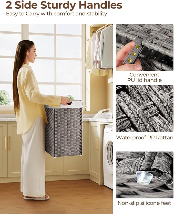Greenstell Laundry Hamper with 2 Removable Liner Bags - 90L Divided Clothes Hamper, Handwoven Synthetic Rattan Foldable Laundry Basket with Lid and Handles Gray (18.3x13.3x24.0Inches)