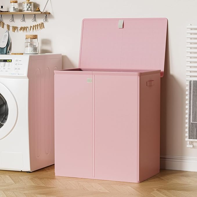 WOWLIVE Laundry Hamper with Lid,160L Large Laundry Basket 3 Section with Removable Washing Bags,Collapsible Waterproof Dirty Clothes Hamper for Laundry Room Bathroom Dorm,Pink
