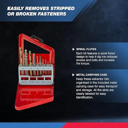 NEIKO 01925A Screw-Extractor And Left-Hand Drill-Bit Set, HSS M2 Steel Drill Bits, Alloy Spiral Flutes, Reverse Drill-Bit And Bolt Extractor, Easily Remove Stripped Screws And Broken Bolts, 10 Pieces