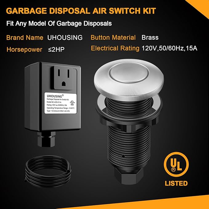 Garbage Disposal Air Switch Kit - UL Certified Sink Top Switch with Long 3.5" Brass Button by UHOUSING, Complete All-in-One Kit for All Disposals (Stainless Steel Brushed)