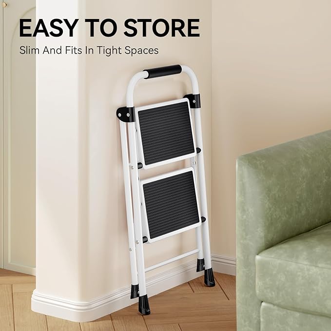 KINGRACK 2 Step Ladder, Folding Step Stool with Anti-Slip and Wide Pedal, Lightweight Stepladder with Handrails, Portable for Kitchen, Household, White