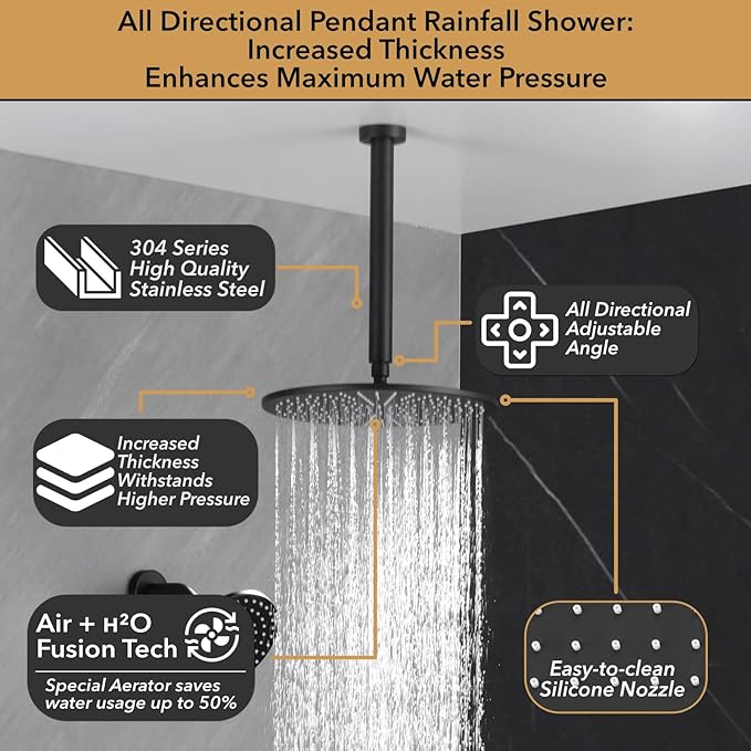 VANFOXLE Thermostatic Shower Faucet Set Matte Black Shower System,Push Button Diverter Shower Faucet with 2 in 1 Handheld,Ceiling Mount Increased Thickness 12 Inch Shower Head with 6 Inch Shower Head