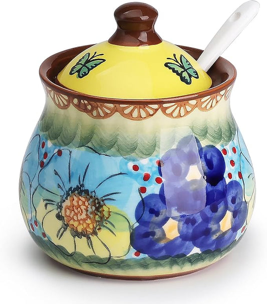 silesia Handmade Sugar Bowl with Lid and Spoon, 9 Ounce Ceramic Hand-Painted Sugar Jar for Home in Gift Box, Kitchen Decor, Oven, Dishwasher & Microwave Safe, Glazed Yellow
