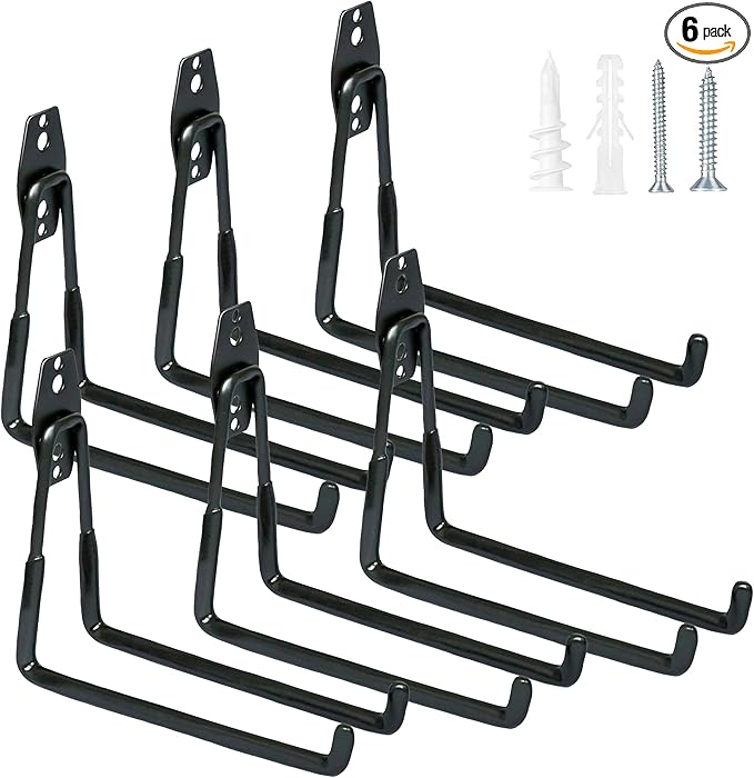 WMK 7.3'' Heavy Duty Garage Hooks, 6 Pack Wall Mount Garage Storage Hooks for Hanging Bike, Ladder, Tools - 100LB Load Capacity, Triple-Welded, PVC Coated (Black)