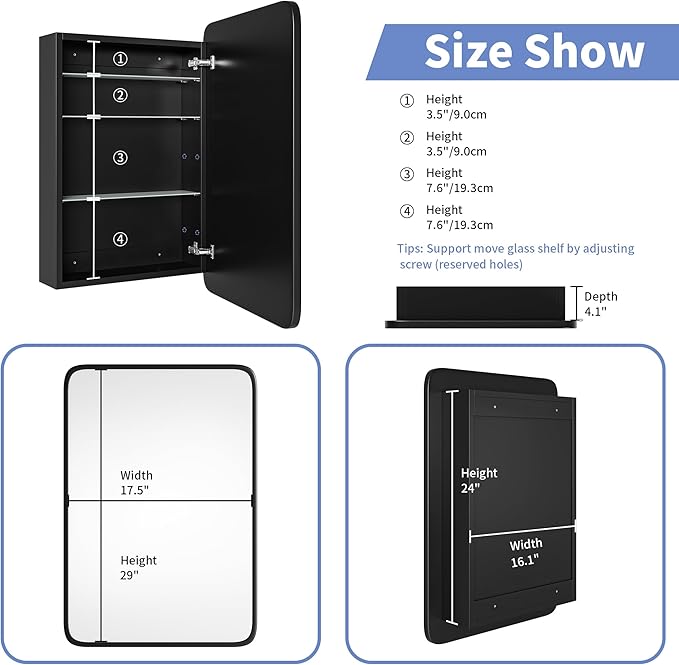 Vintage-Style Bathroom Wood Black Cabinet with 17.5''x29'' Black Metal Frame Curved Mirror, Recessed Medicine Cabinet, Bathroom Storage Cabinet