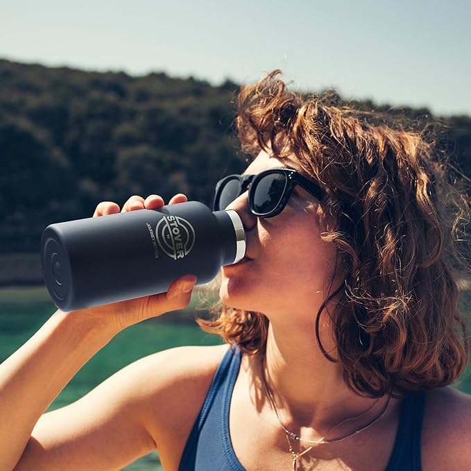 STOVER Insulated Water Bottle, 16oz Stainless Steel Double Wall Vacuum Wide Mouth Leakproof Twist Lid, Ideal for Sports, Travel & Daily Use (Navy Blue)