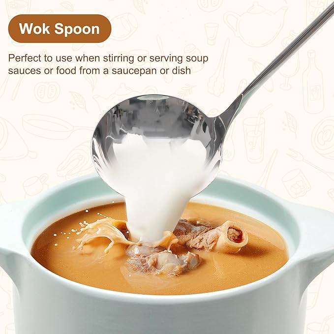 FJNATINH Stainless Steel Wok Tools Set,Wok Utensil - Wok Spatula,Turner,Ladle,Skimmer Tool Set,Mirror Polished Stainless Steel Cooking Utensils 14.6-15.2" Kitchen Utensils Cookware, Pack of 4