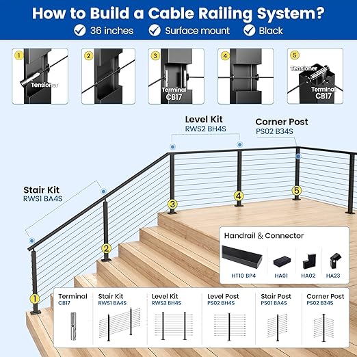 Muzata 1200 ft 1/8" Black Stainless Steel Cable Railing System Hardware T316 Stainless Steel Wire Rope 7x7 Strands 1800 lb Breaking Strength Black Cable Railing Kit for Indoor Outdoor WR19