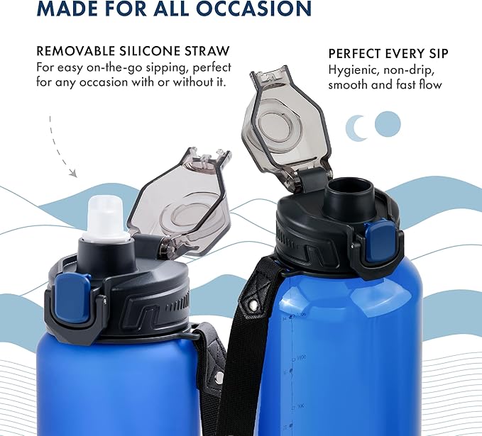 GRANDTIES Sports Tritan Plastic Water Bottle with Straw, Removable – Leakproof BPA Free Dishwasher Safe Travel Water Bottle with Strap for Gym, Outdoor, Fitness (Frosted Navy, 28oz (800mL))