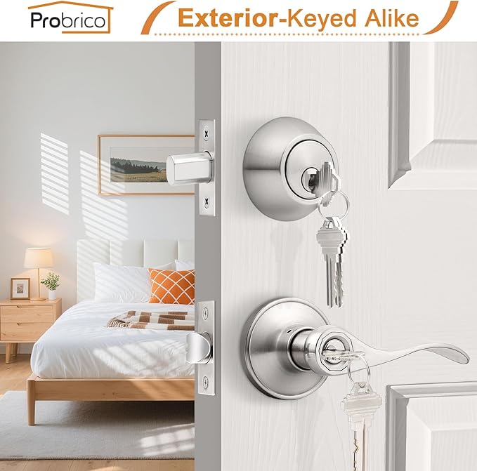 Probrico 3 Pack-Entry Door Lever and Deadbolt Lock Set, handleset with Single Cylinder Deadbolt Keyed Alike Combo Pack, Reveriable-Right or Left Handed, Entry Door Lever Exterior and Interior