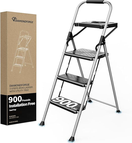3 Step Ladder,DIAMONDFORGE Folding Step Stool with Tool Platform,Wide Anti-Slip Pedal and Anti-Slip Feet,Sturdiest Steel Construction,900lbs Capacity Steel Ladder for Home Office,Grey