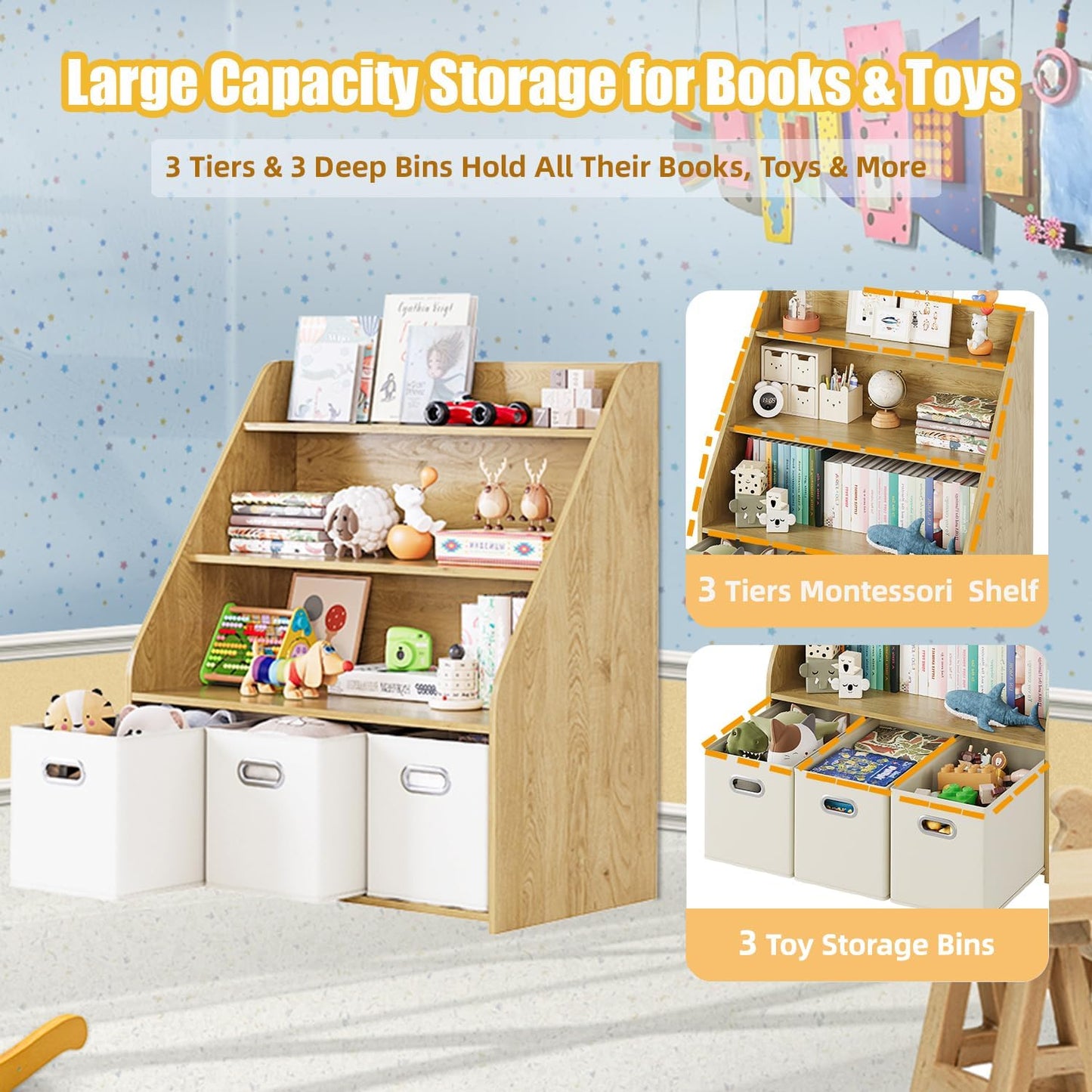 Kids Bookshelf and Toy Organizer, 3-Tier Toy Storage Organizer with 3 Movable Drawers, Montessori Toy Shelf, Nursery Book Shelves Toddler Bookshelf for Kids Room Living Room Nursery
