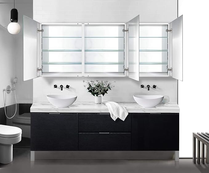 Krugg 72 Inch Tri-View Medicine Cabinet | Recess or Surface Mount | Blum Hinge 170 Degree Soft Close | (72"x30")