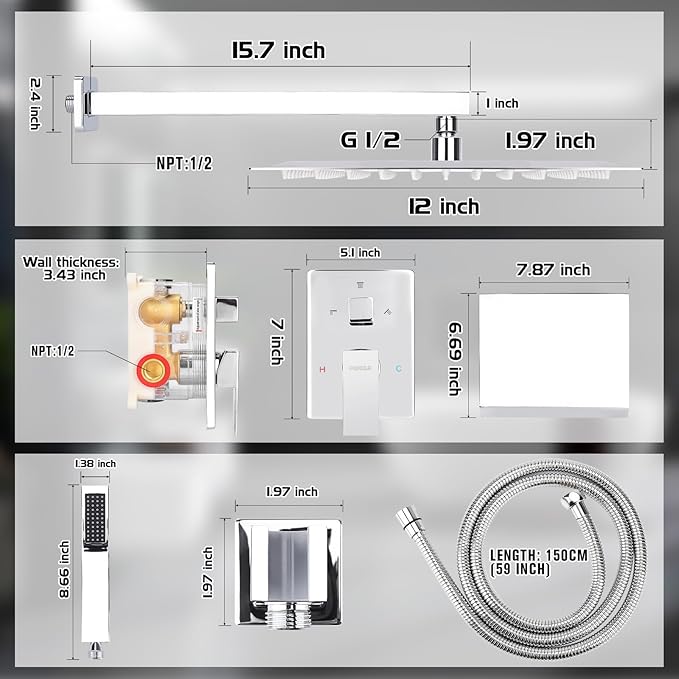 12 Inch Rainfall Shower System with Tub Spout Wall Mounted Complete Combo with Solid Brass Pressure Balancing Valve, High Pressure Shower Head, Handle Set & Installation Accessories Chrome