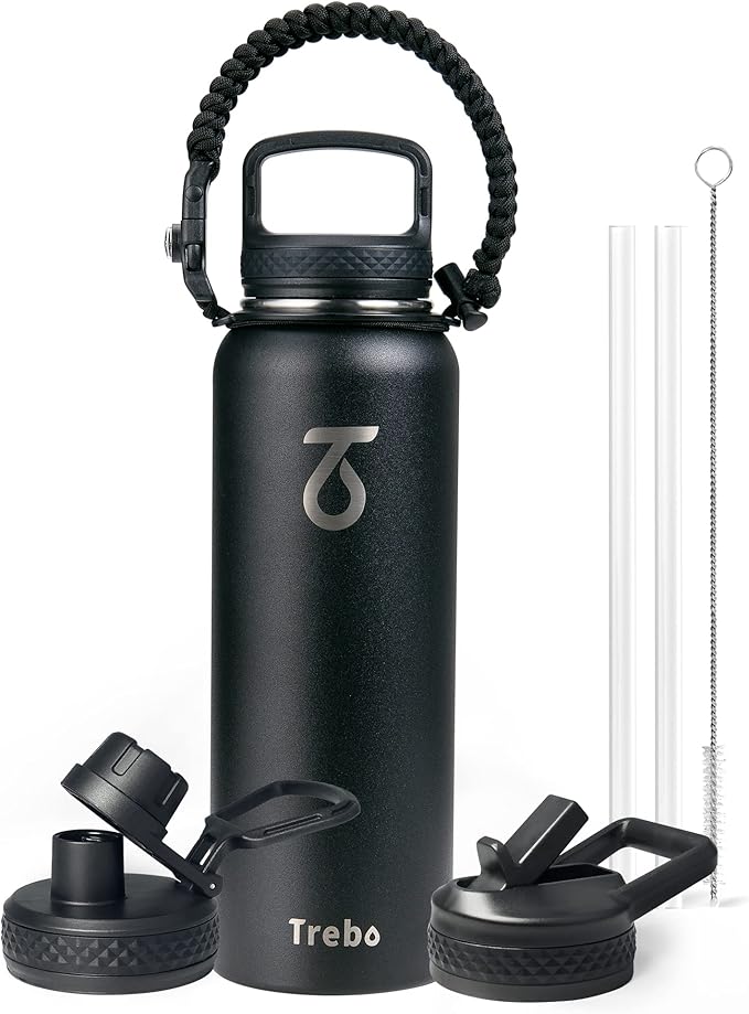 Trebo 40oz Water Bottle Insulated with Lid and Straw,Double Wall Vacuum Stainless Steel Metal Tumbler Sports Flask with Paracord Handle, Keep Hot 24 Hours & Cold 48 Hours Water Jug with 3 Lids, Black