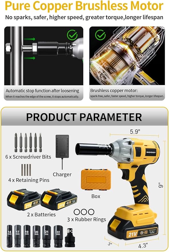 Cordless Impact Wrench 258Ft-lb（350N.m）, 1/2 Impact Gun, 2 Batteries, Pistola de Impacto, with 6 Sockets, Electric Impact Driver for Car Tires and Home YELLOW