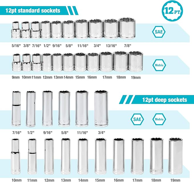 DURATECH 3/8" Drive Socket Set, 40 Piece Tool Set Including Standard (SAE) and Metric Sockets, 90-Tooth Ratchet Handle and Extension Bar