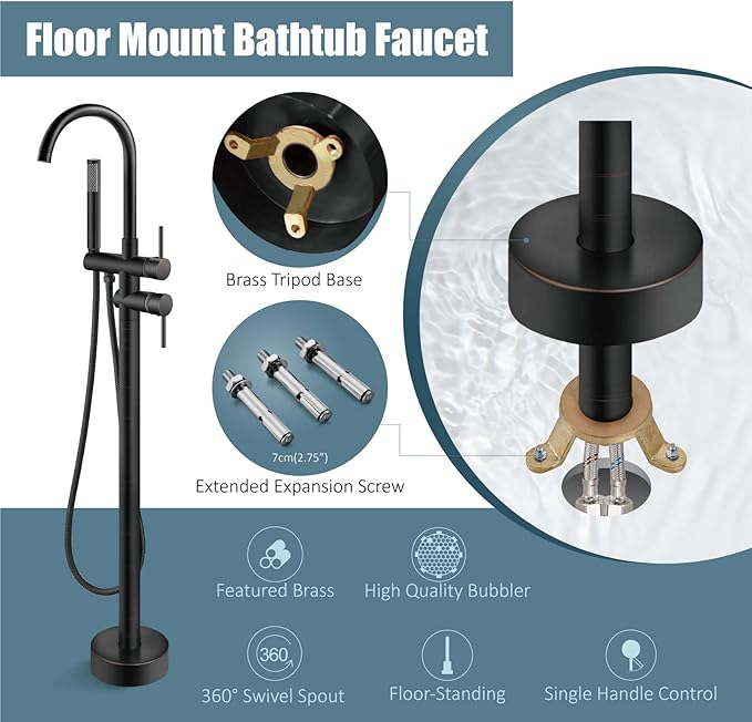 Aolemi Floor Mount Bathtub Faucet Freestanding Tub Filler Standing High Flow Shower Faucets Shower Mixer Taps, Swivel Gooseneck Spout with Cylinder Handheld Oil Rubbed Bronze