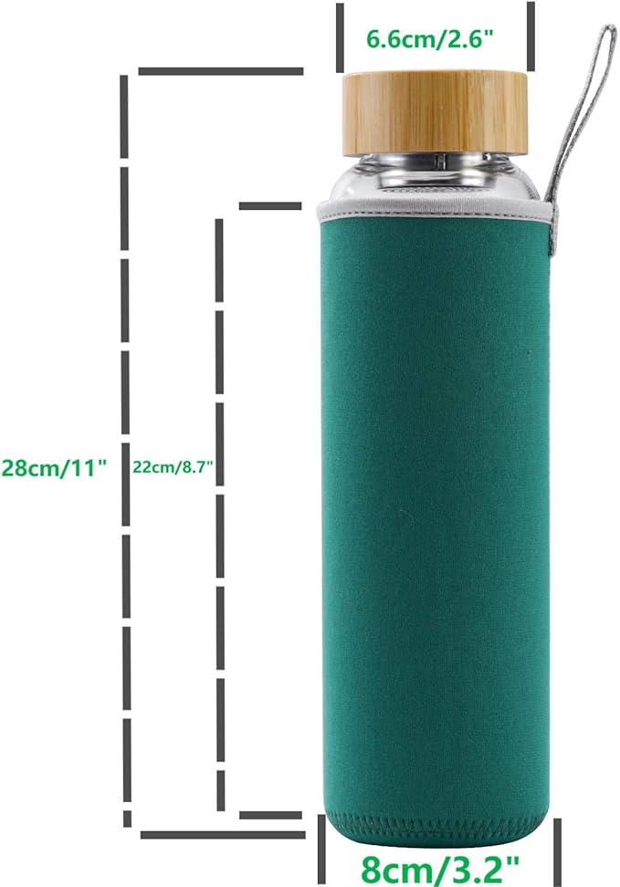 Glass Water Bottle 32 oz Wide Mouth with Sleeve Bamboo Lid Motivational Water Bottle With Time Marker Reusable Safe for Hot Cold Drinks Bpa Free (Green)