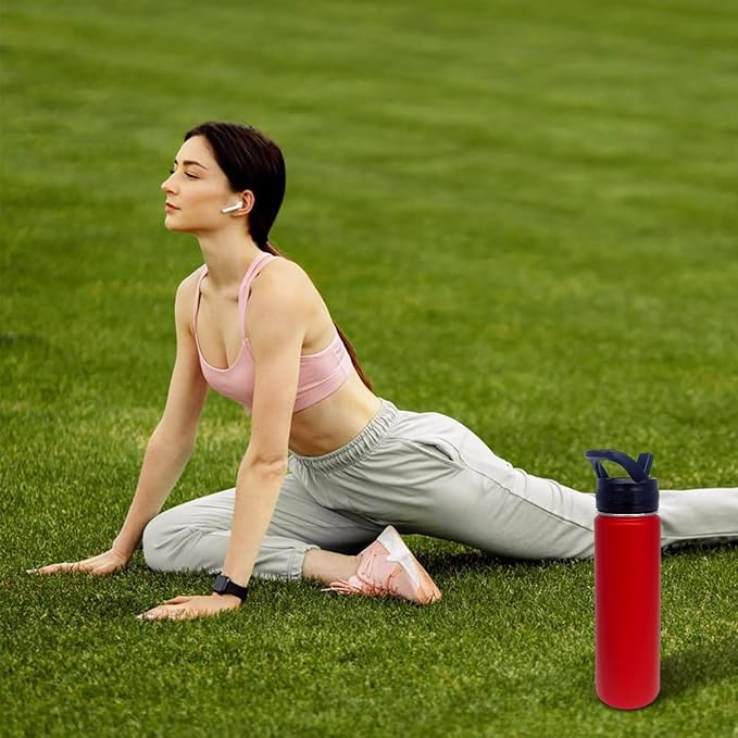 4pack 22 oz Insulated Water Bottle With Straw, Stainless Steel Sports Water Cup Flask with 2 Lids, Wide Mouth Travel Thermal Mug,Red