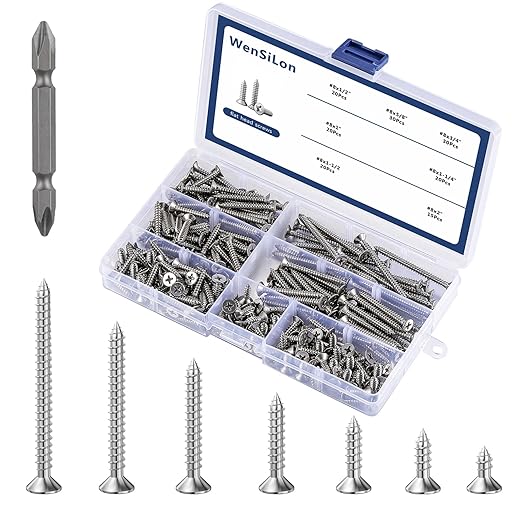 (155Pcs) Wood Screw Quick Metal Self Tapping Flat Head 304 Stainless Steel kit