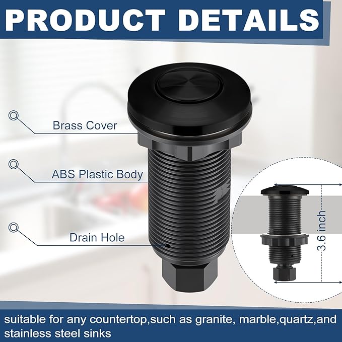 Garbage Disposal Air Switch Kit Dual Outlet Sink Top Waste Disposal On/off Stainless Steel Satin Nickel Button Extra Long Food and Waste Disposer, UL List (Black)