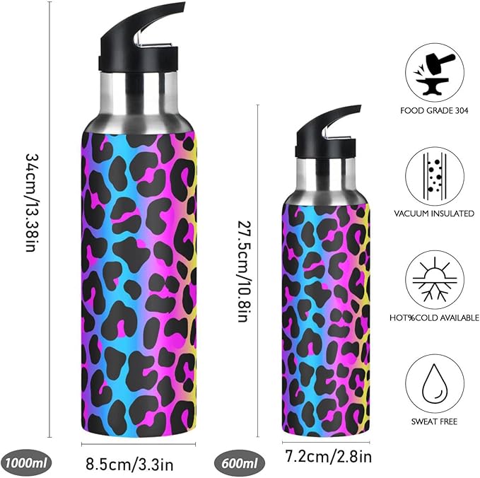 senya 20 Oz Water Bottle with Straw Leopard Print Cheetah Neon Gradient Stainless Steel Water Bottle for Traveling Sports Leakproof Insulated Water Bottle