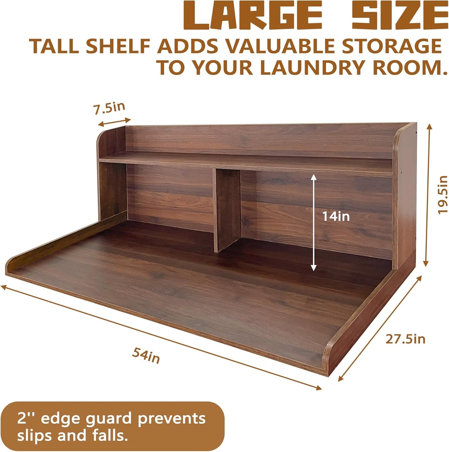 Royxen 2-Tier Washer Dryer Countertop,19.5" H Wood Washer and Dryer Topper with Shelf,Laundry Countertop Over Washer and Dryer, Universal Fit for Laundry Room Organization (Walunt, 54" WX27.5 D)