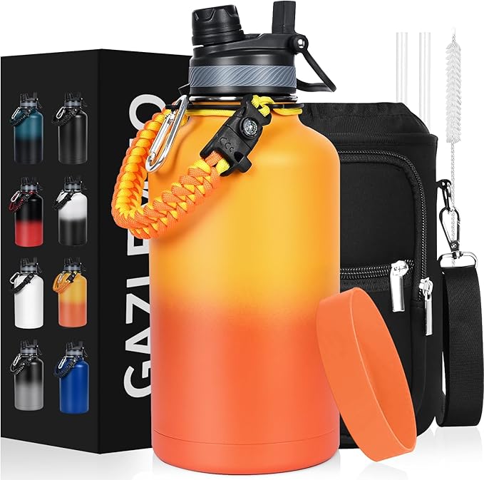 Insulated Water Bottle 64 oz, Half Gallon Water Jug Cold 48H, BPA Free Stainless Steel Bottles with Straw/Chug 2-in-1 Lid, Bag, Paracord Handle, Silicone Boot, Sports Gym School Metal Flask