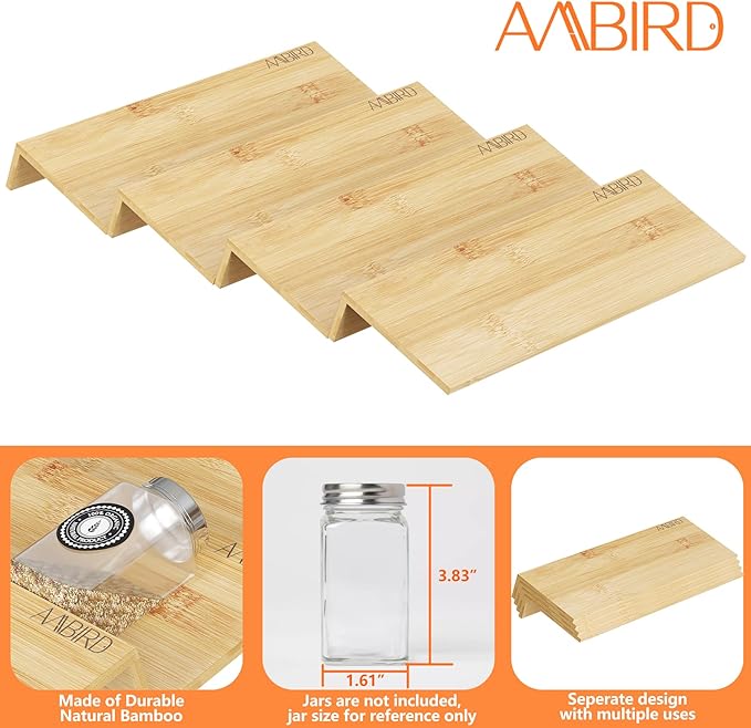 AMBIRD Bamboo Spice Drawer Organizer with Non-slip Mat,4 Tier - 2 Set Jar Spice Rack Tray From 12''to 24'',Hold up 48 Jars Seasoning Organizer for Kitchen,Cabinet,Drawers,Countertop
