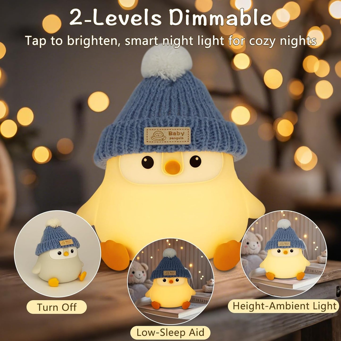 Penguin Lamp with Knit Hat,Kawaii Penguin Night Light,Food Grade Silicone,Dimmable Nursery Nightlight,LED Squishy Novelty Animal Lamp,Kids Room Decor,Funny Gifts for Kids Boys Girls Baby