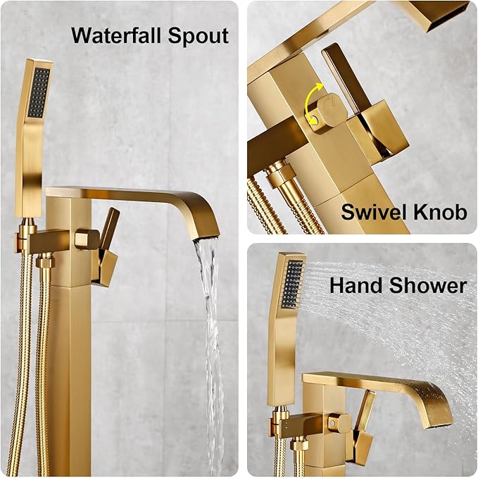 BAGNOLUX Solid Brass Floor Mount Bathtub Faucet Free Standing Tub Faucet Freestanding Tub Filler Brushed Brass High Flow Rate Swivel Spout with Hand Shower, ‎YGSLT-FANG-Brushed Brass11
