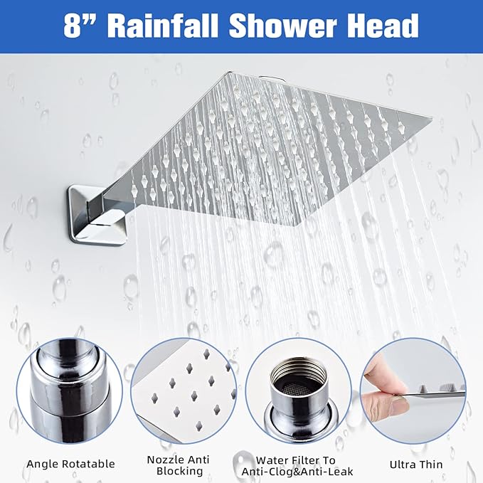 Shower System, Shower Faucet Set Complete Square Rain Shower Combo Set with 8 inch Rainfall Shower Head System Bathroom Wall Mounted 3-Setting Handheld Shower,Chrome
