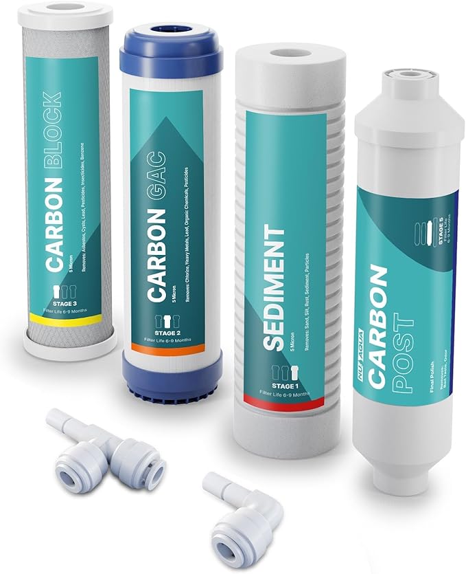 NU Aqua Reverse Osmosis Water Filter System Replacement Set - 4 Stage Under Sink Kit - Includes Sediment, Carbon Filters, Parts & Fittings - Universal Undersink RO Filtration Cartridge Pack