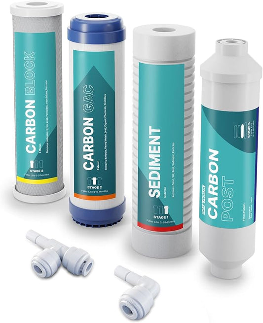 NU Aqua Reverse Osmosis Water Filter System Replacement Set - 4 Stage Under Sink Kit - Includes Sediment, Carbon Filters, Parts & Fittings - Universal Undersink RO Filtration Cartridge Pack