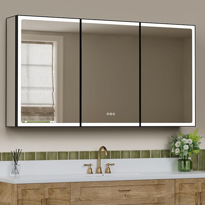 60x32 Inch Medicine Cabinet with Lights, Aluminum Frame, LED Lighted, Anti-Fog, Adjustable Shelves, Dimmable Lighting, Outlets & USB, Recessed or Surface Mount, ETL Listed, Black Rim