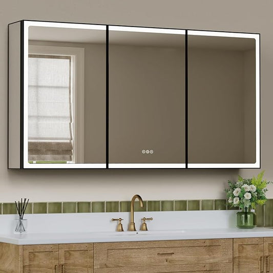 60x32 Inch Medicine Cabinet with Lights, Aluminum Frame, LED Lighted, Anti-Fog, Adjustable Shelves, Dimmable Lighting, Outlets & USB, Recessed or Surface Mount, ETL Listed, Black Rim