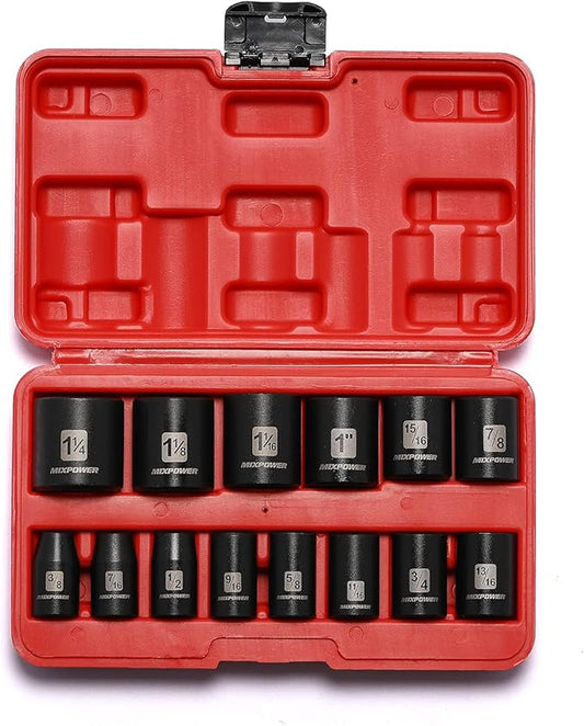 MIXPOWER 14 Pieces 1/2-Inch Drive Shallow Impact Socket Set, 3/8-Inch to 1-1/4 Inch, CR-V, SAE, 6 Point, Shallow, 14 Pieces 1/2" Dr. Shallow Socket