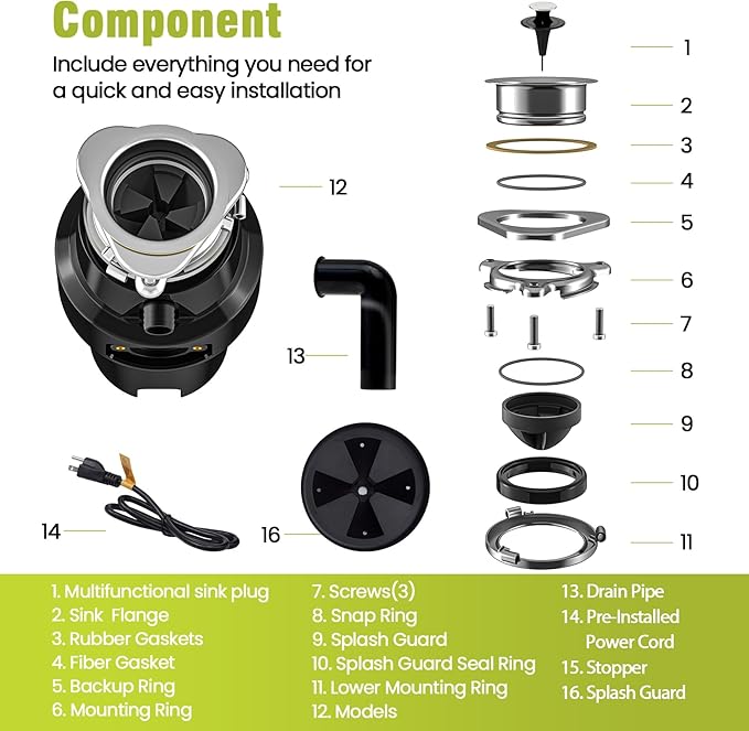 DC Garbage Disposal 3/4 HP Quiet (60dB) with Cord & Dishwasher Hookup for Kitchen Sink Food Waste, 6-Stage Grinding, 3-Bolt, 2700RPM, Continuous Feed, Titanium Stainless Steel, 10-Year Warranty